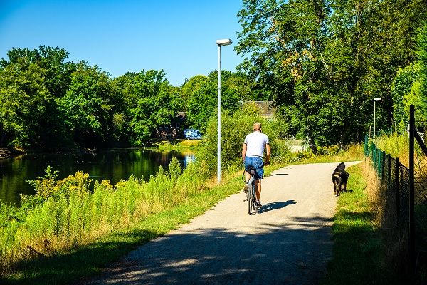 man zit op de fiets terwijl de hond ernaast rent in Wegberg
